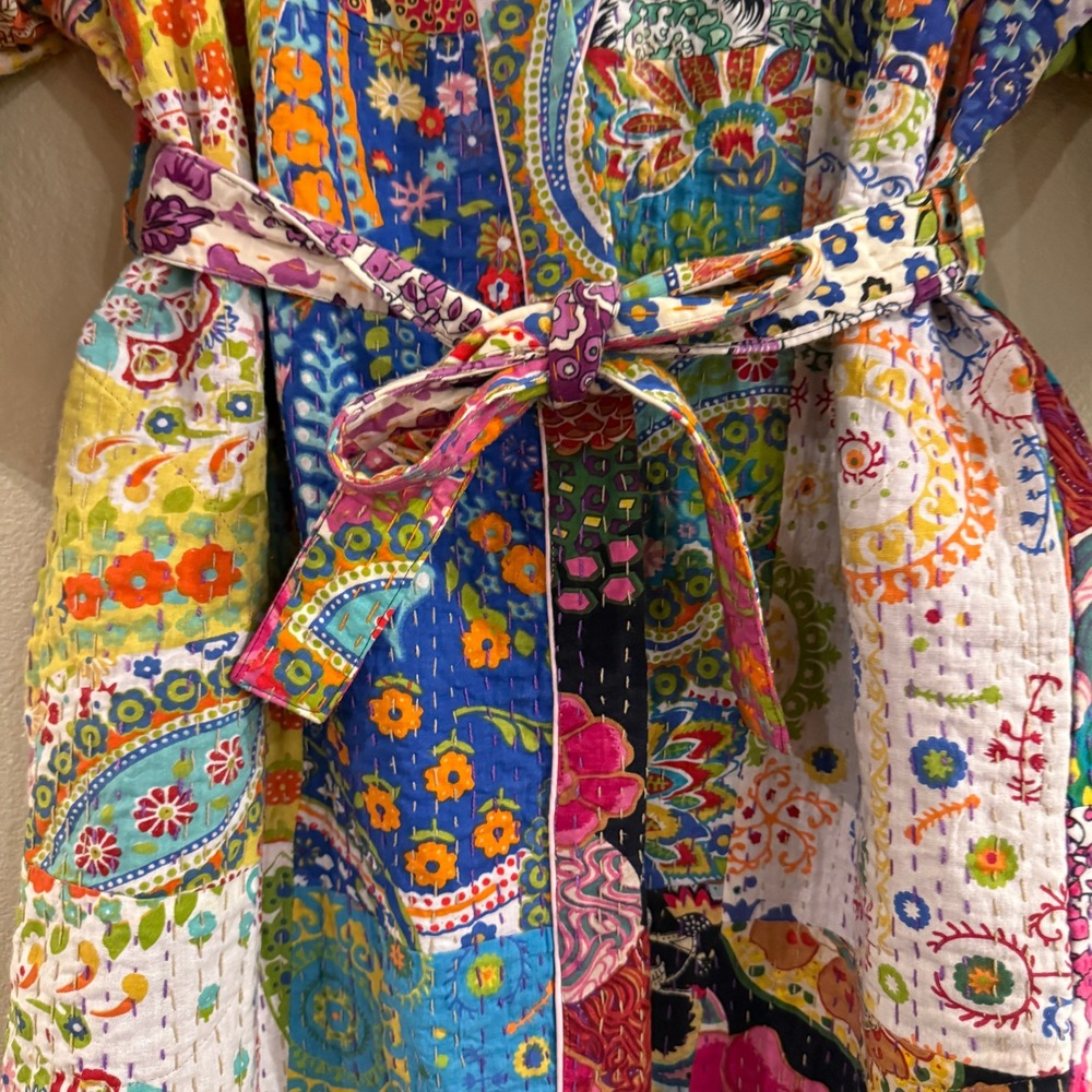 Handmade Kantha Quilt Robe Women OS Multi Patchwork Cotton Kimono Jacket Boho - Picture 3 of 13